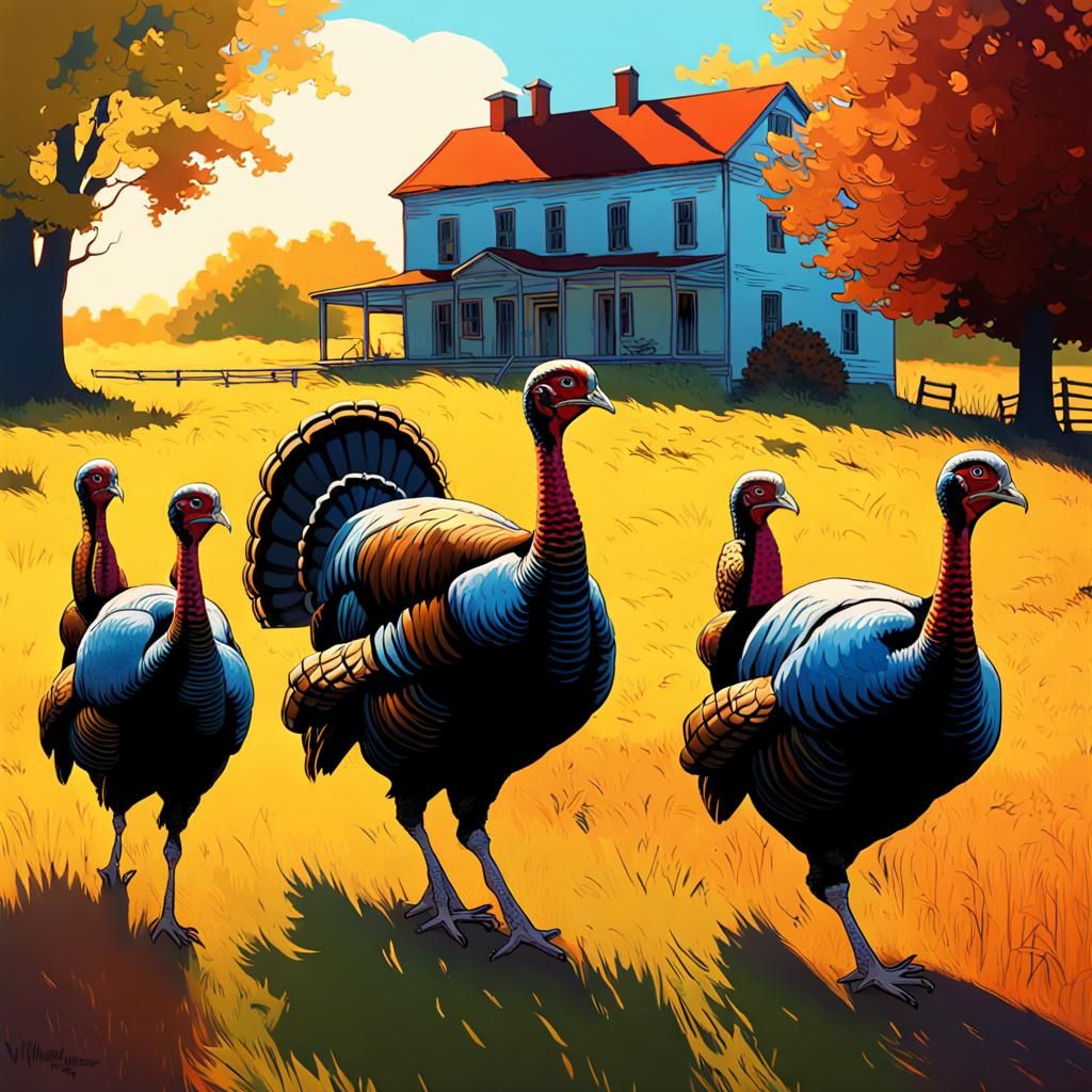 Surreal Pop Art Turkeys Walking to Farmhouse