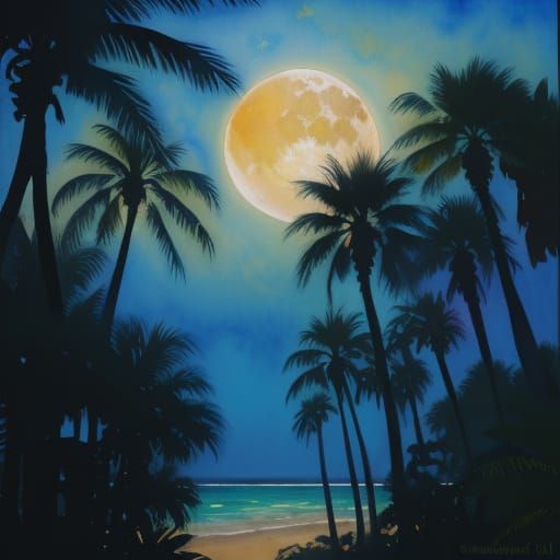 Palm Tree Under Moonlit Sky in Impressionist Style