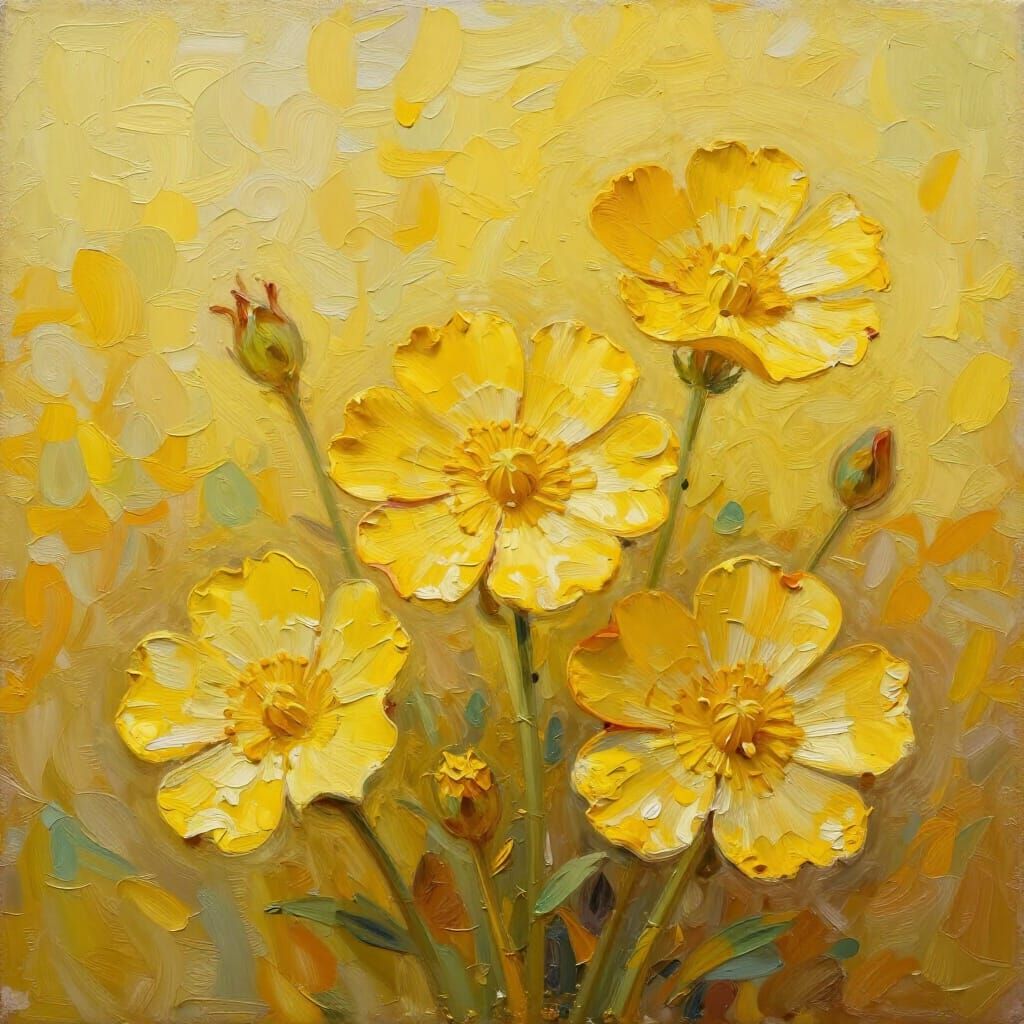 Vibrant Yellow Buttercups in Textured Oil Painting Style