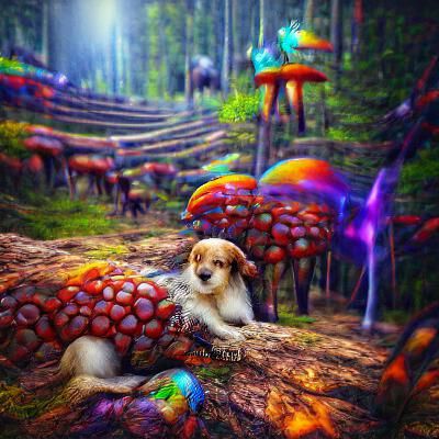 Puppy in Psychedelic Mushroom Forest: 3D Concept Art