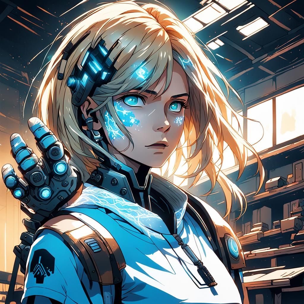 Bionic Woman in Apocalyptic House, Cyberpunk Anime Art