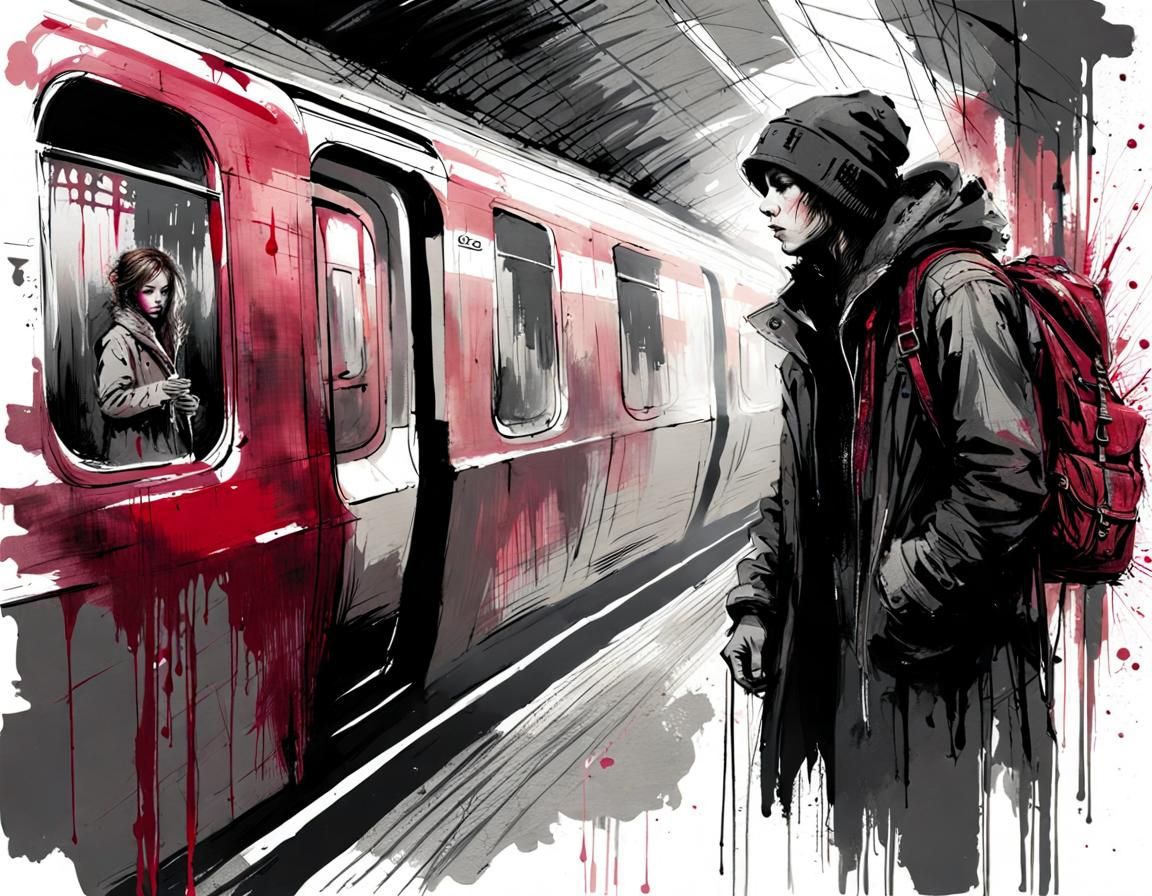Dark Abandoned Subway Illustration in Crimson and Black