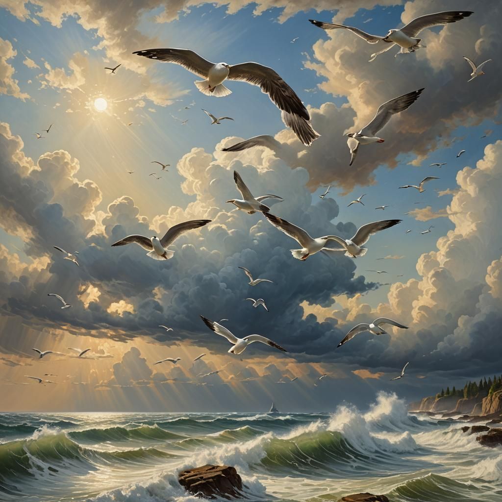 Seagulls Soaring Above the Sea in Romantic Style