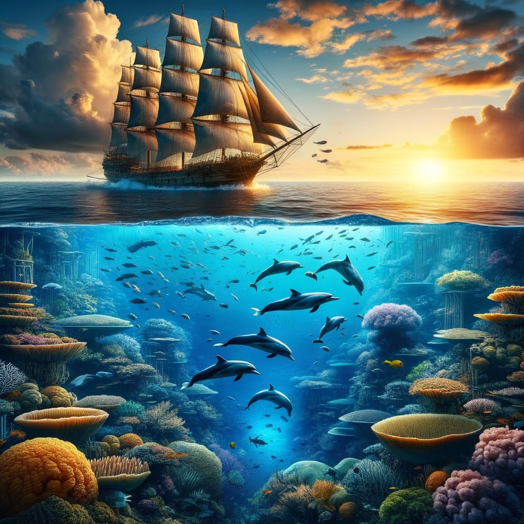 Calm Underwater Realm with Dolphins and Sunset