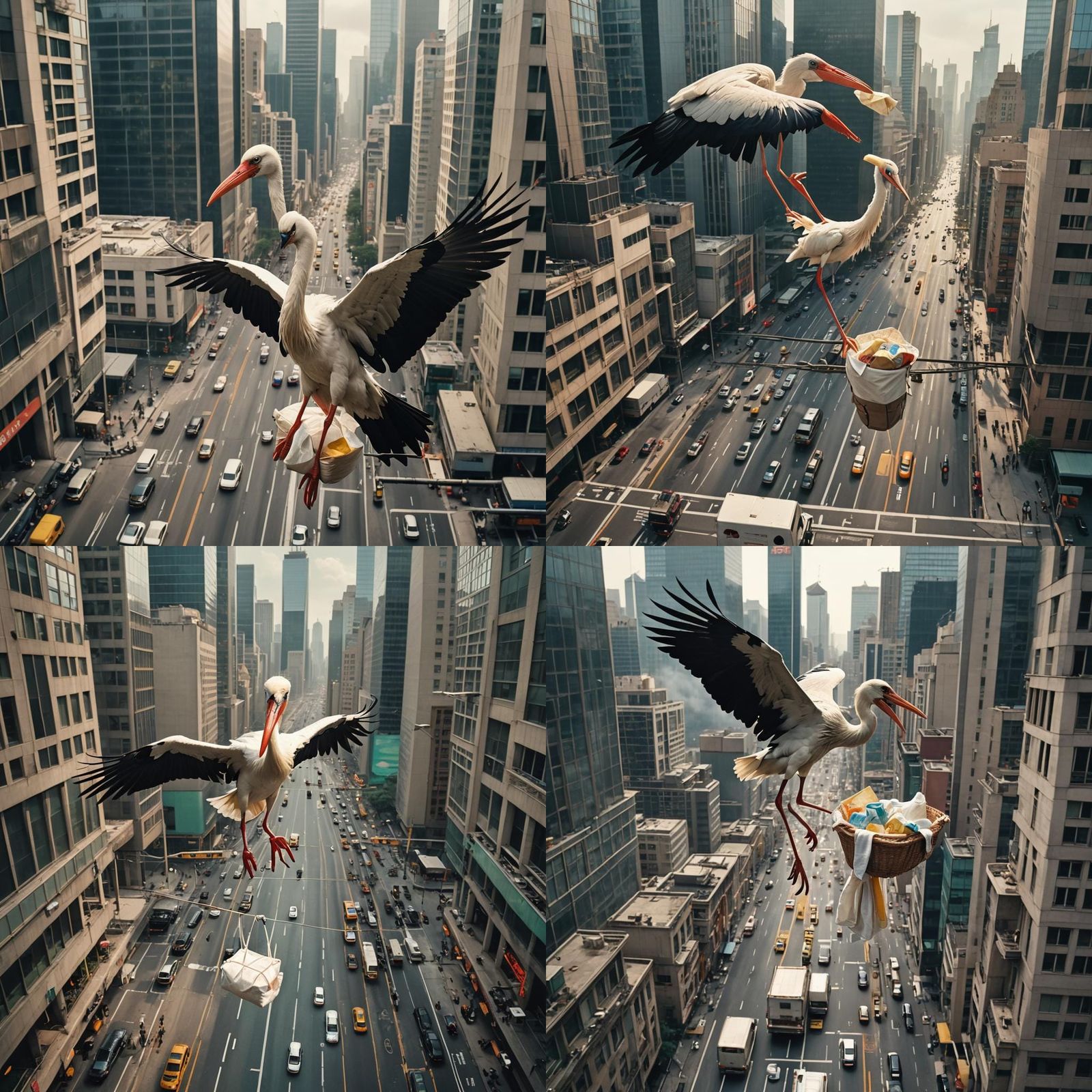 Stork Delivers Baby Over City, Cinematic Still