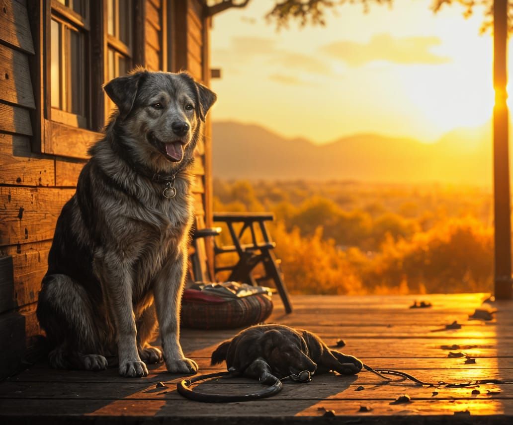 Loyal Dog's Portrait at Sunset: Emotional Photorealism