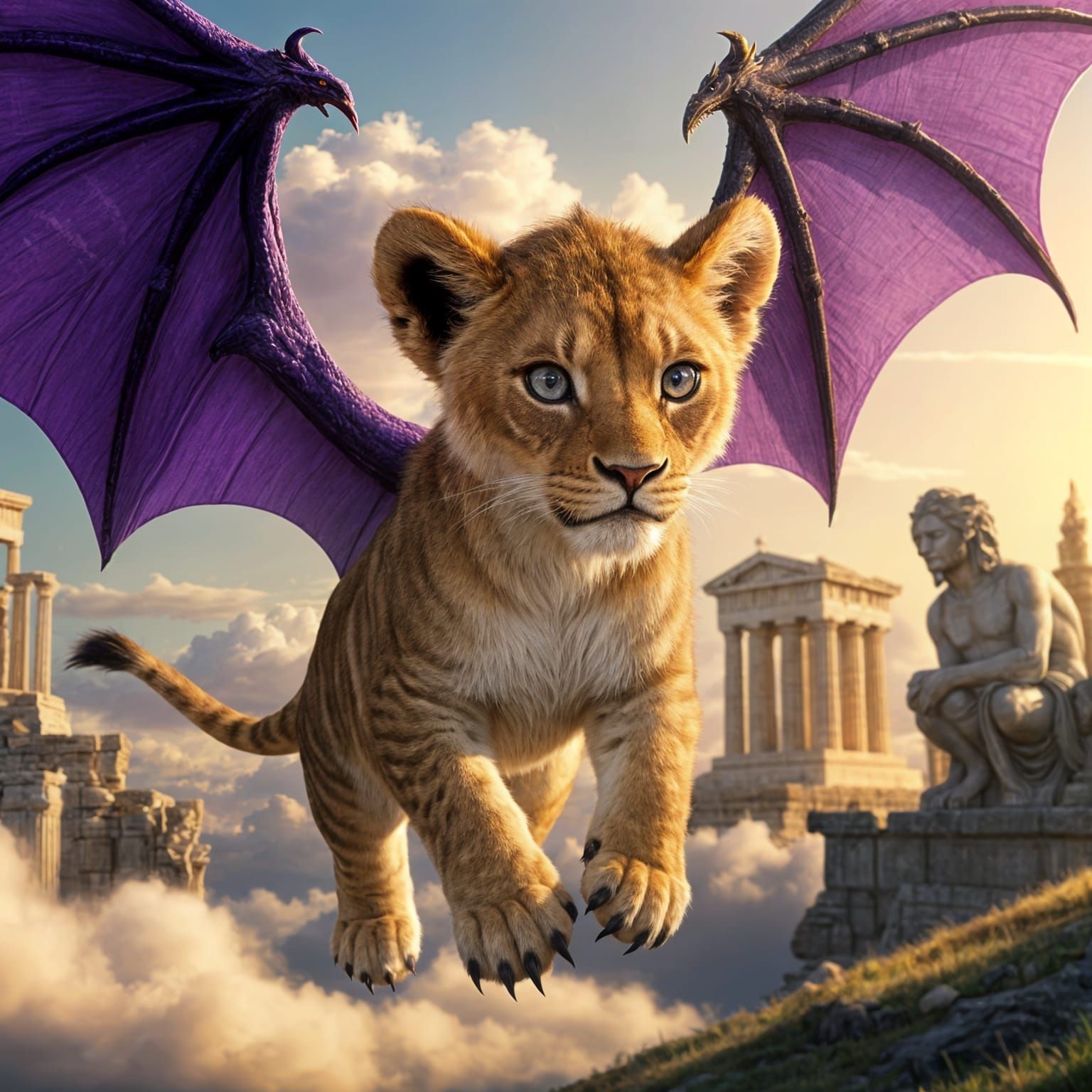 Lion Cub Soars Through Clouds with Dragon Wings