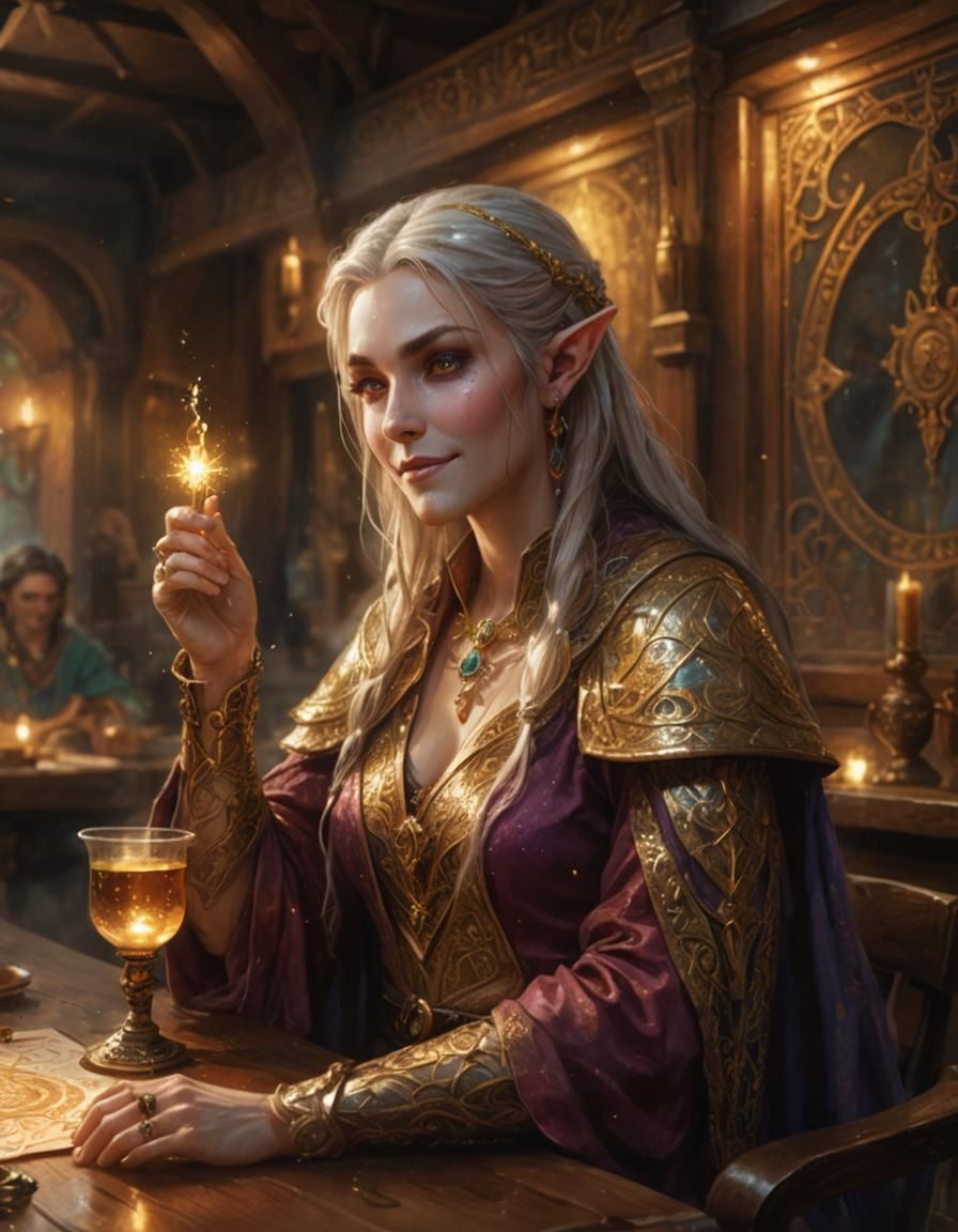 High Elf Wizard Portrait in Fantasy Tavern