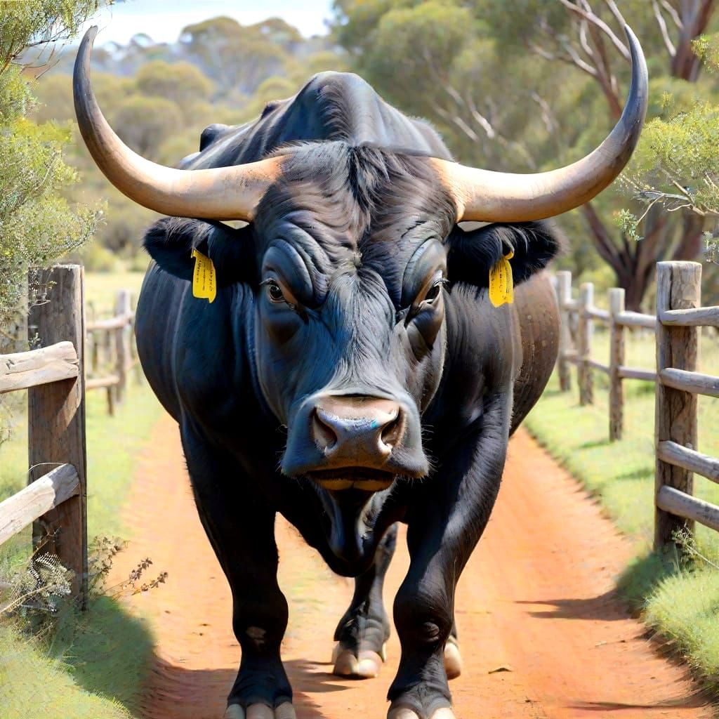 Close Up of a Rushing Black Bull by Old Fence