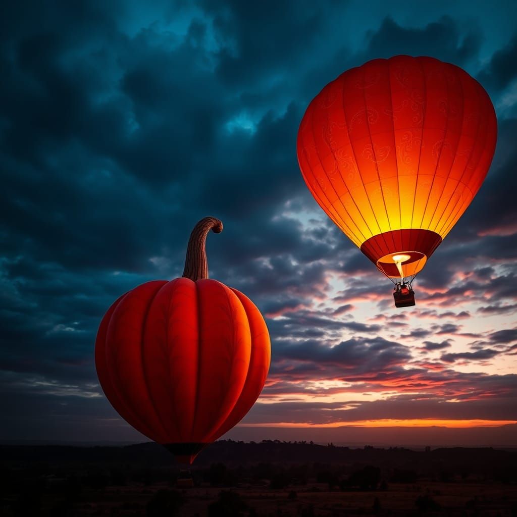 Giant Pumpkin Hot Air Balloon in Dramatic Sky