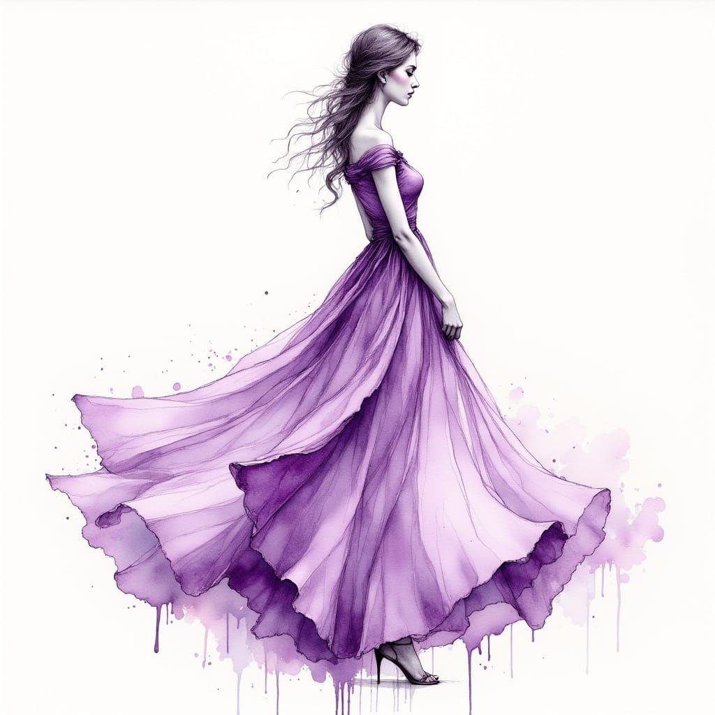 Woman in Lavender Ink Painting
