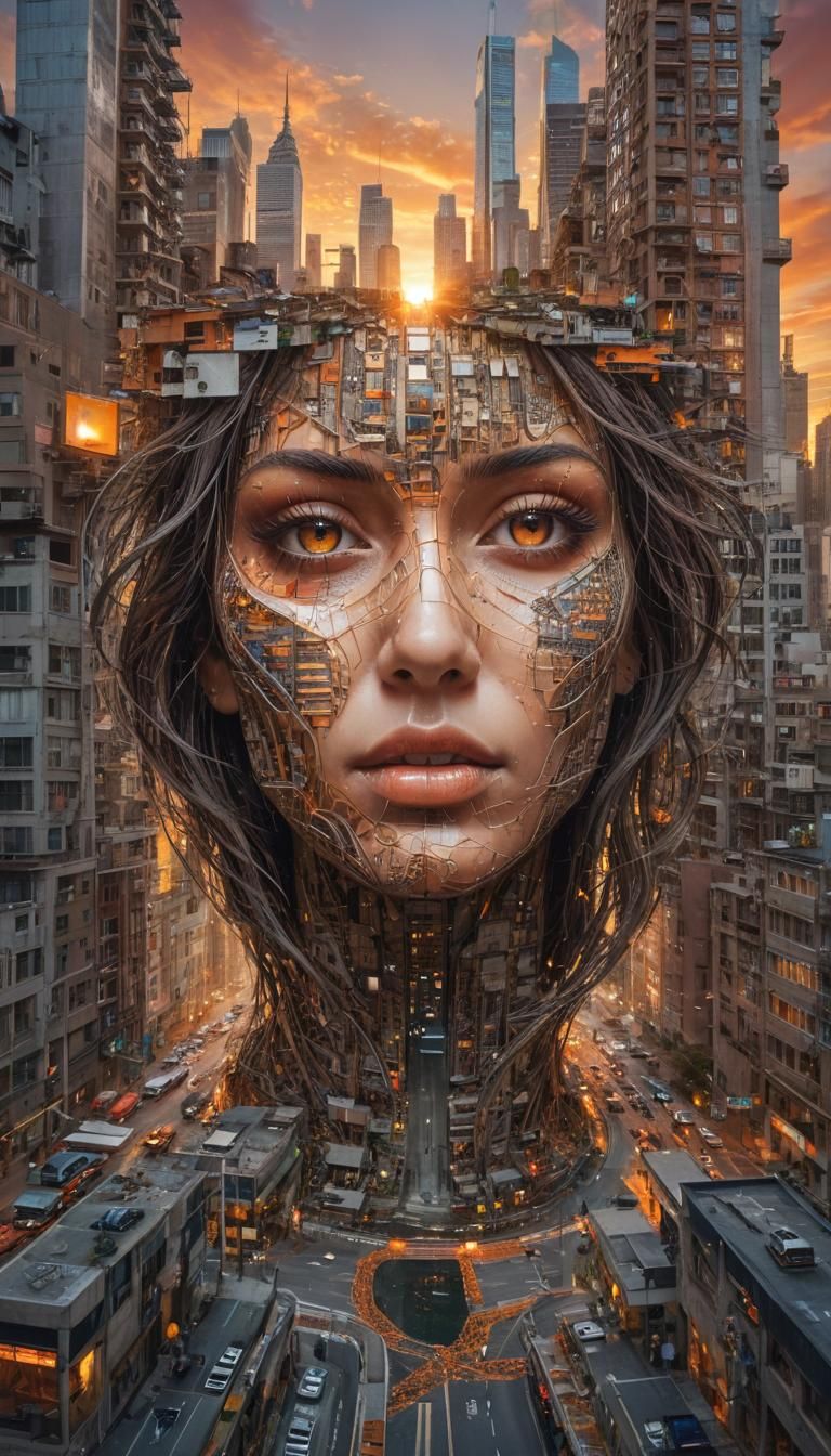 Surreal Cityscape Face: Urban Fusion Portrait