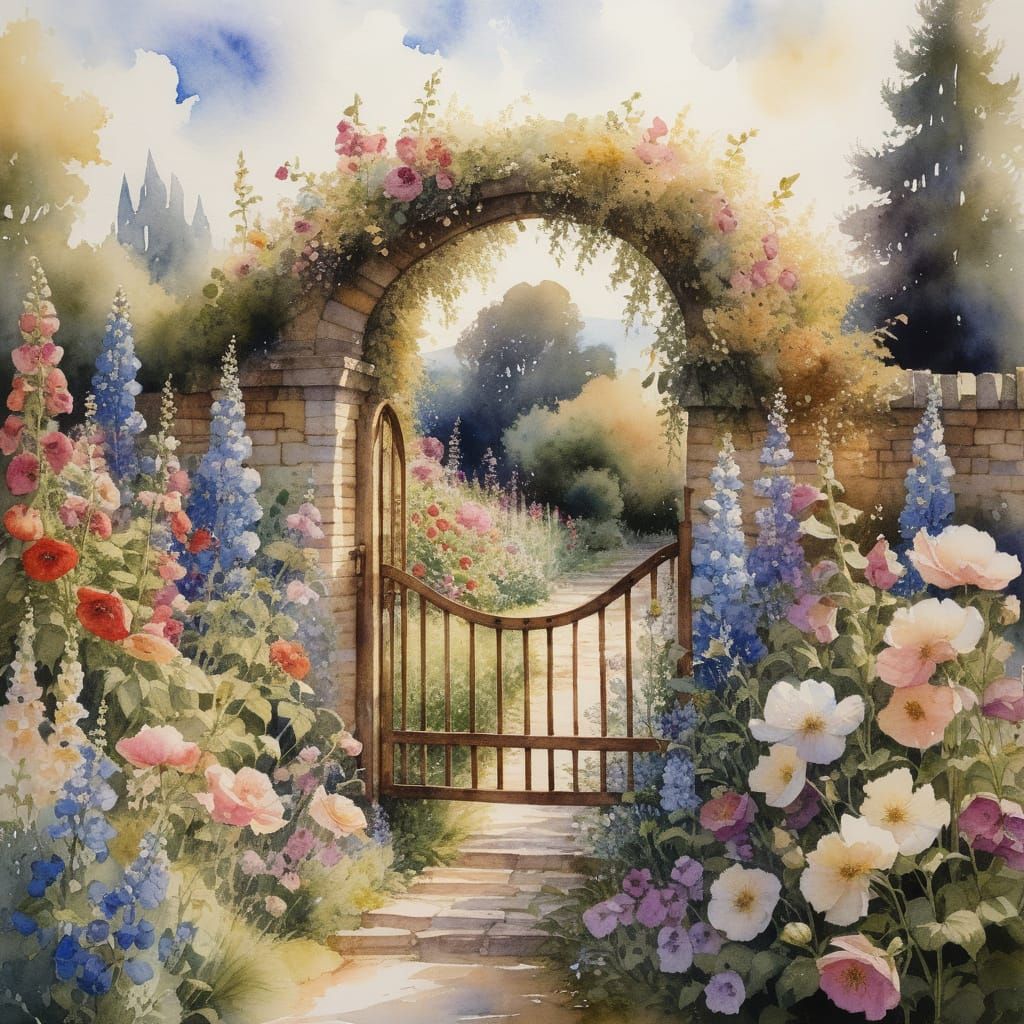 Klimt Style Watercolour of a Cottage Garden Rose Arch