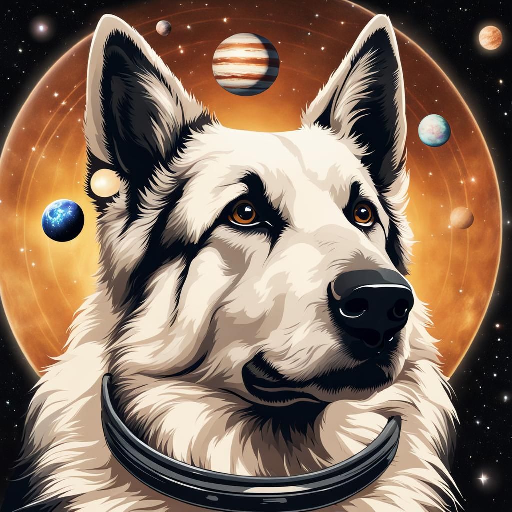 German Shepherd Gazing at a Galaxy