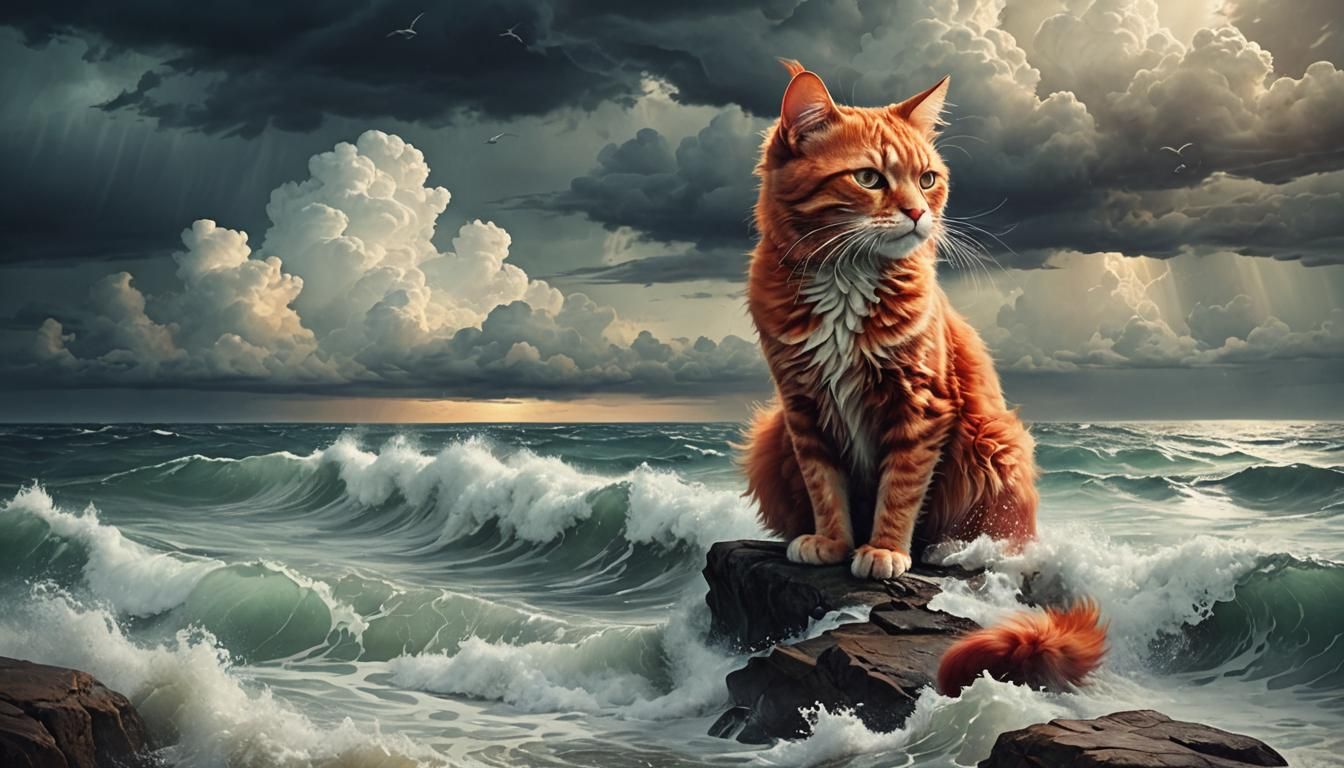 Surreal Red Cat by the Sea Under Stormy Sky