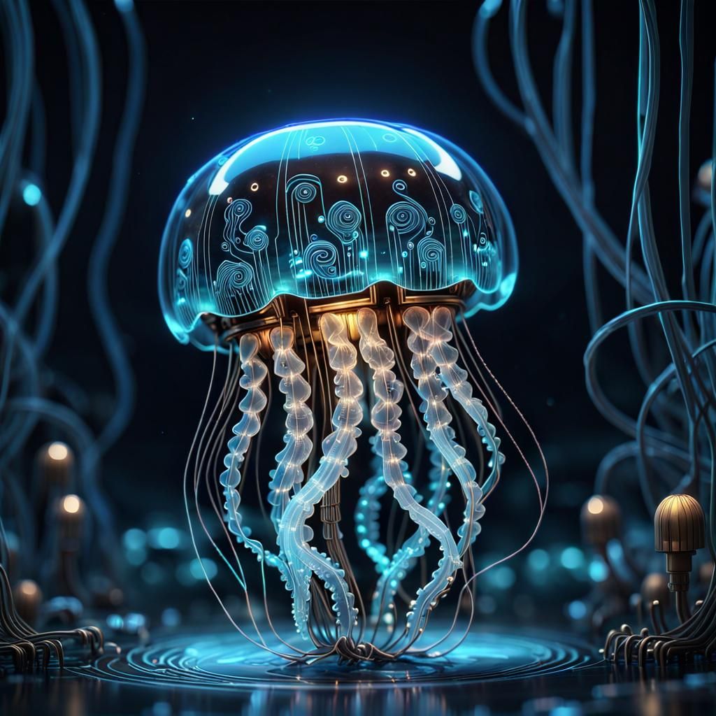 Adorable Glowing Circuit Board Jellyfish in Steampunk Style
