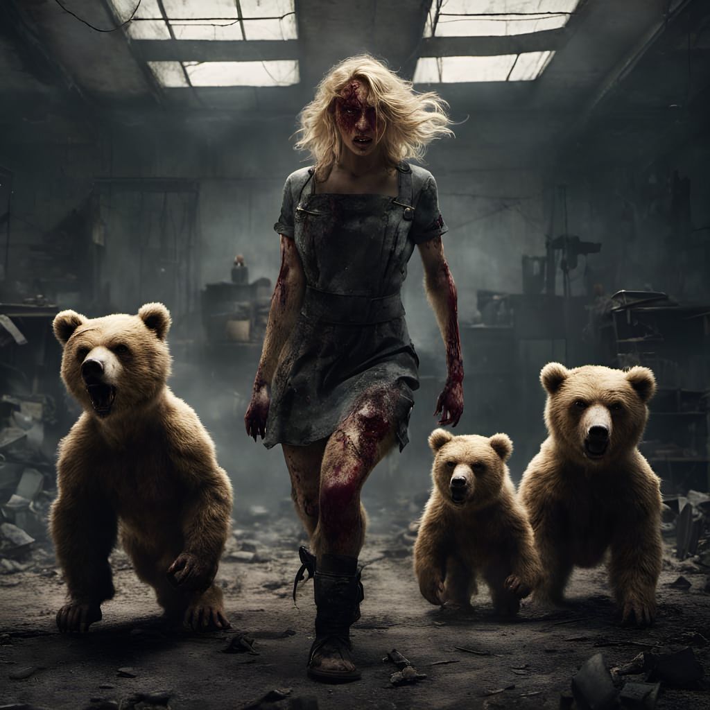 Dystopian Goldilocks Dominates Bears: Photorealistic Image
