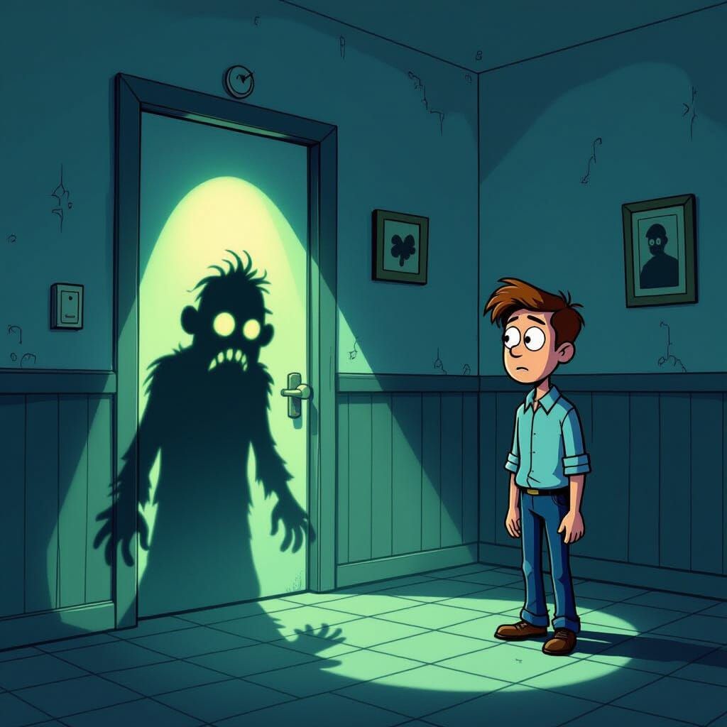 Eerie Motel Bathroom Shadow in Pixar Animation Style