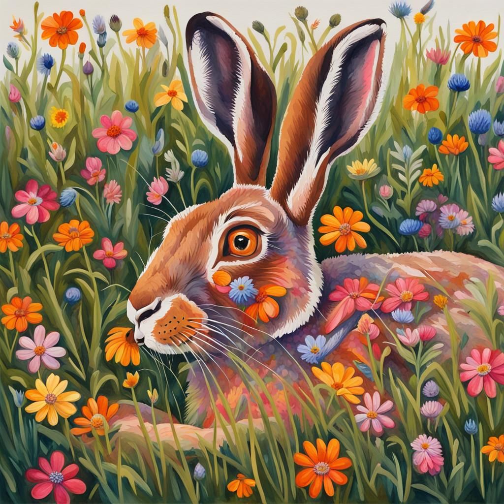 Floral Hare in Grassy Meadow: Gouache Painting