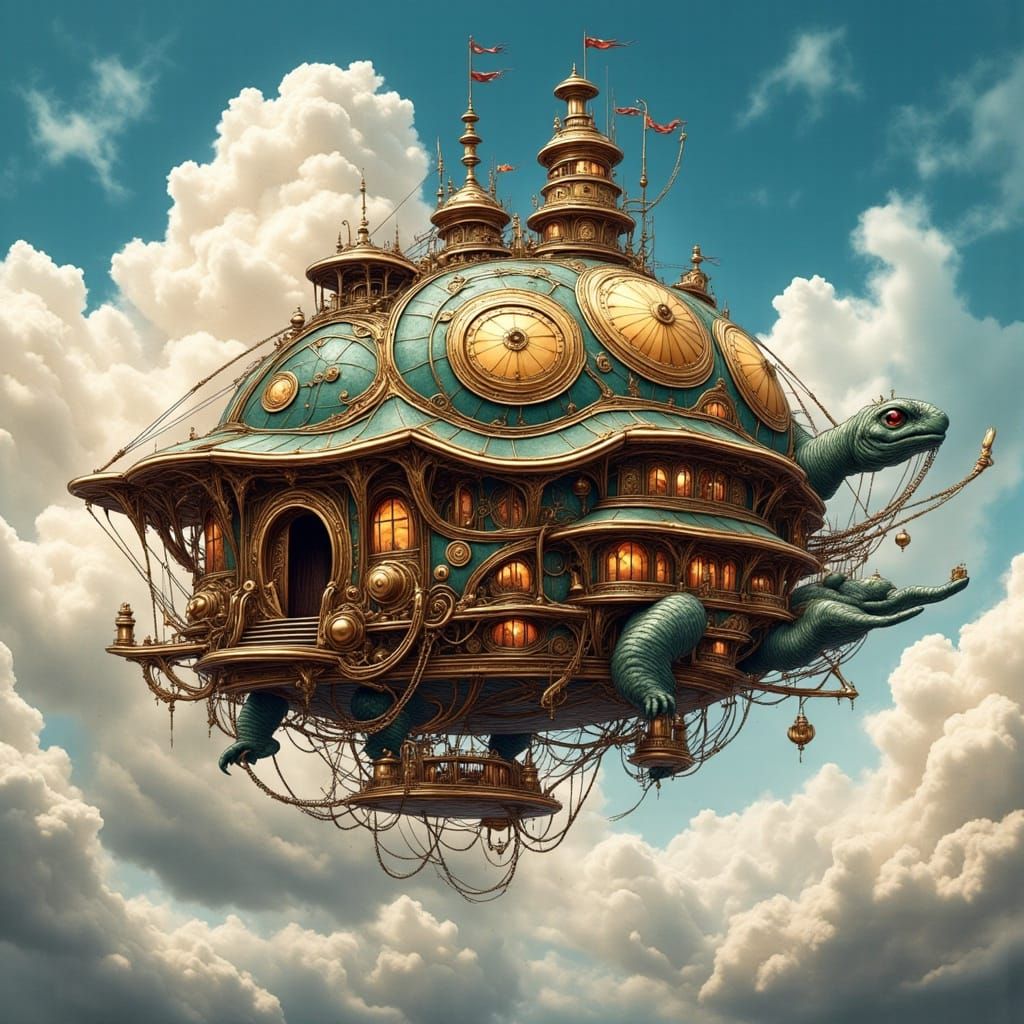 Whimsical Steampunk Airship Tortoise Soars Through Clockwork...