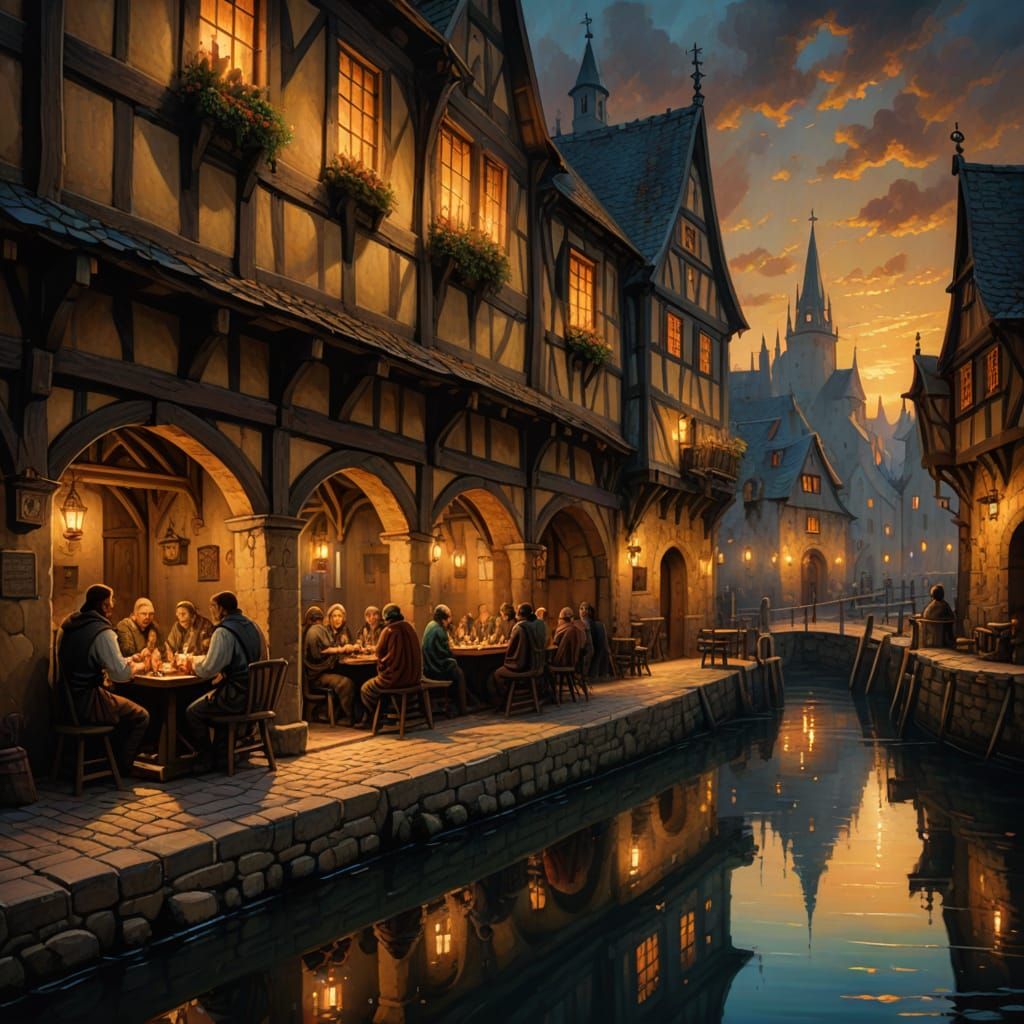 Medieval Tavern by Waterfront at Night, Oil Painting