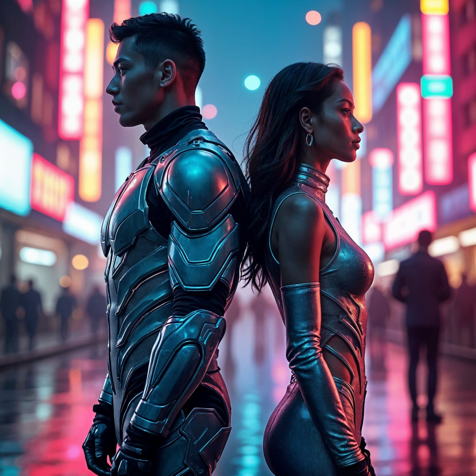 Futuristic Man and Woman in Neon Cityscape