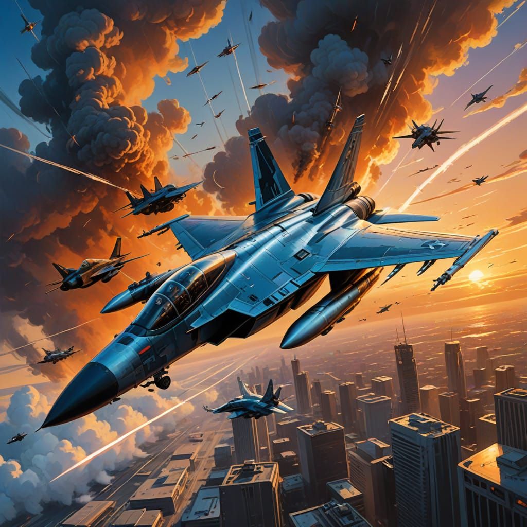 Sleek Jet Fighter Soars Through Cloudy Sunset Sky