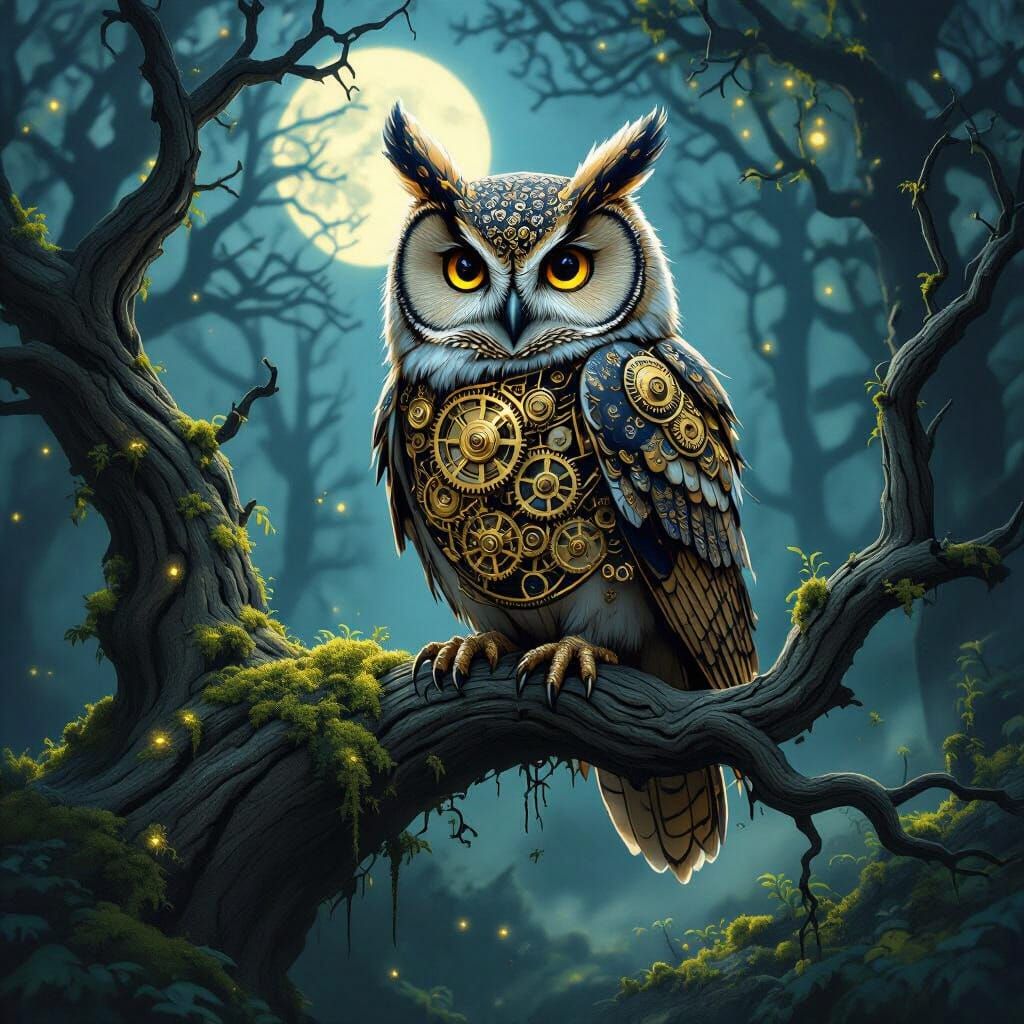 Clockwork Owl on Ancient Branch in Moonlit Forest
