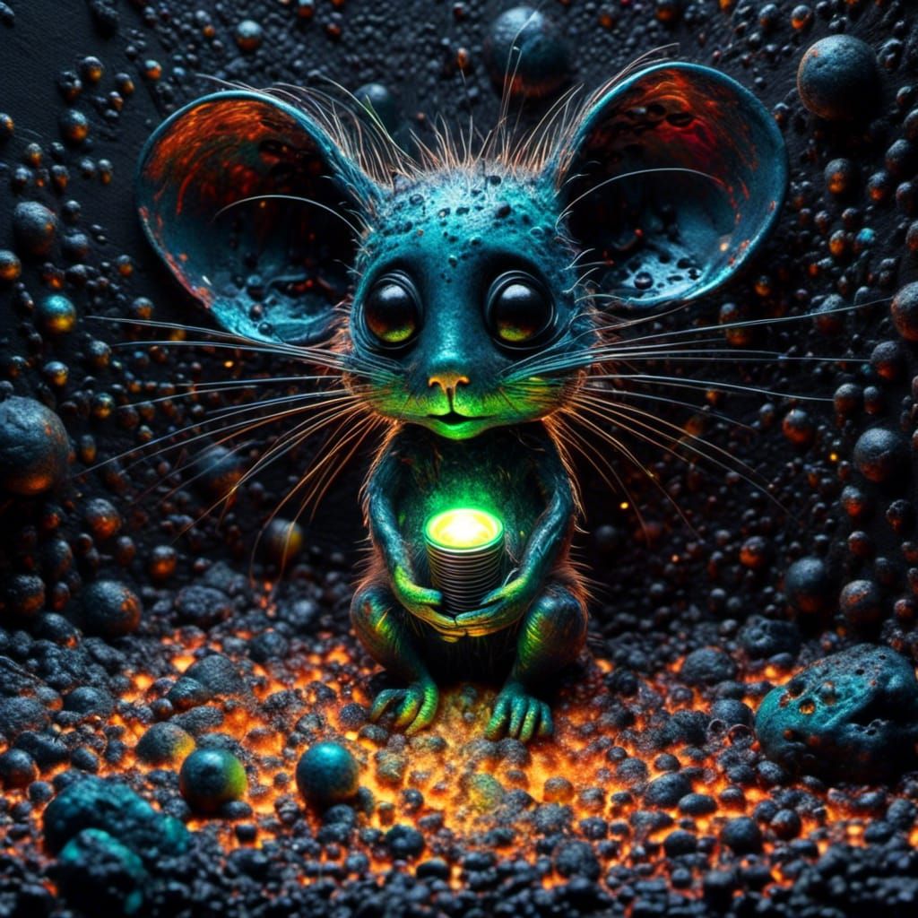 Chibi Mouse Painting with Lightbulb in Grunge Style
