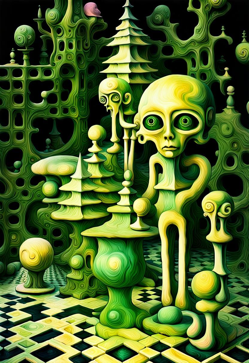 tree elves machines build maze checkers and puzzles, DMT art, H.R. GIGER, M.C. ESCHER, Leonora CARRINGTON, Paul DELVAUX,...