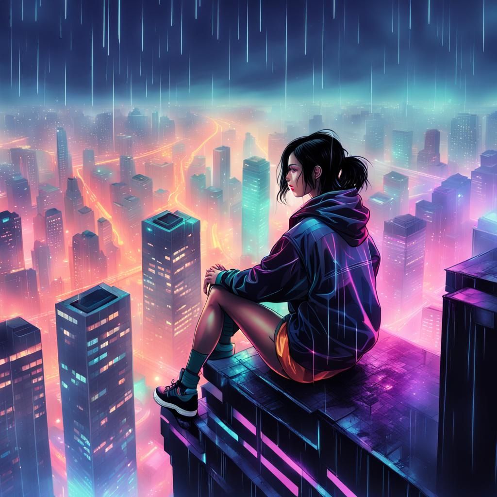 Dystopian Beauty Over Rainy City in Vaporwave Style