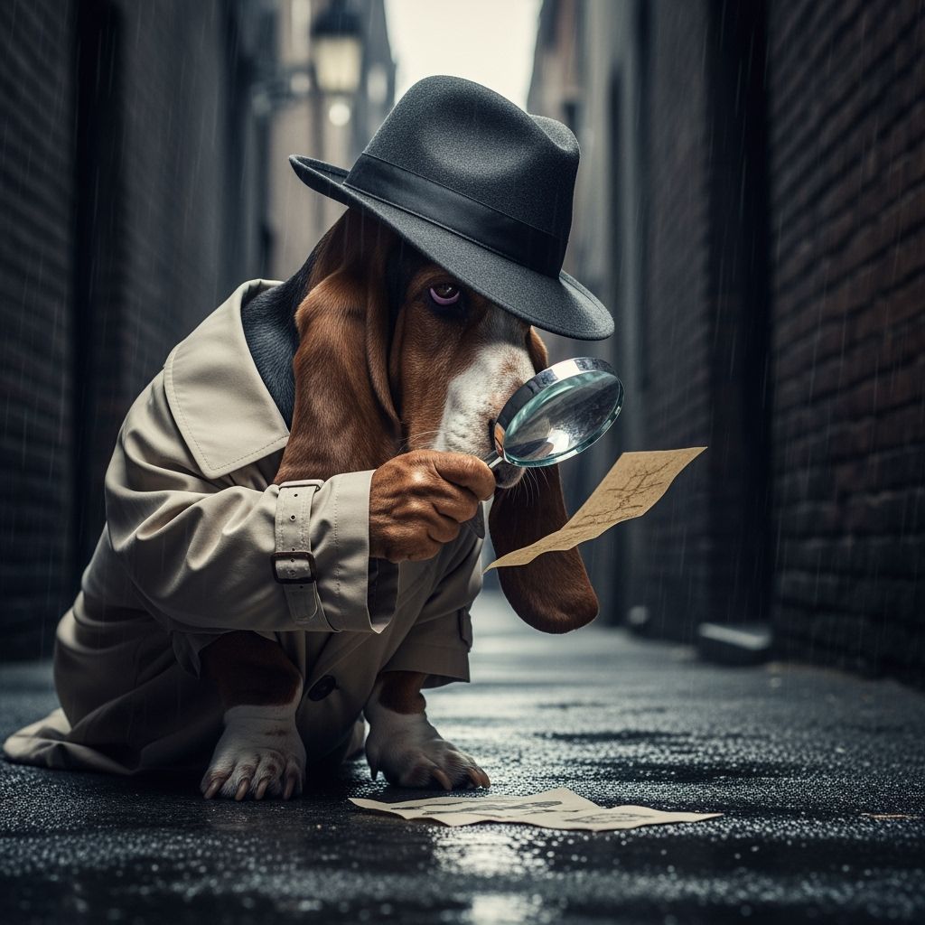Basset Hound Noir Detective in Shadowy Alleyway