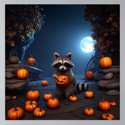 Fantasy Raccoon Among Pumpkins in Autumn Moonlight