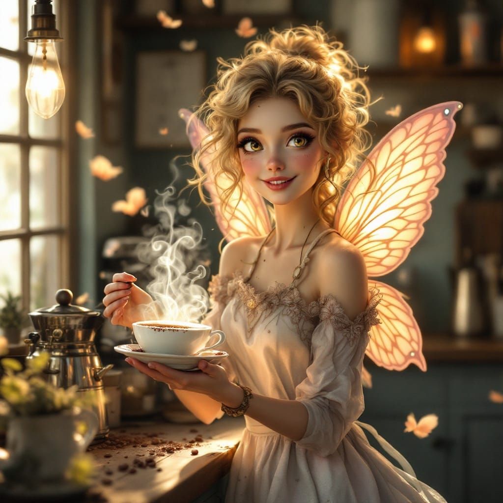 Coffee Fairy Offers Cappuccino in Fantasy Art Style