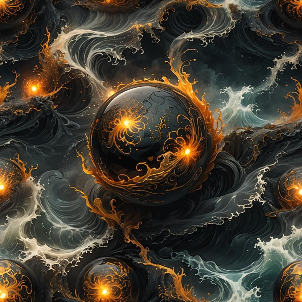 Obsidian Orb Radiating Light in Turbulent Ocean
