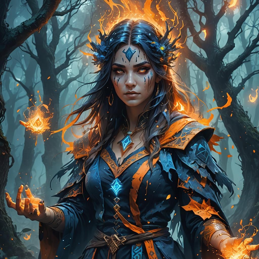 Mysterious Sorceress Conjuring Runes in Misty Forest