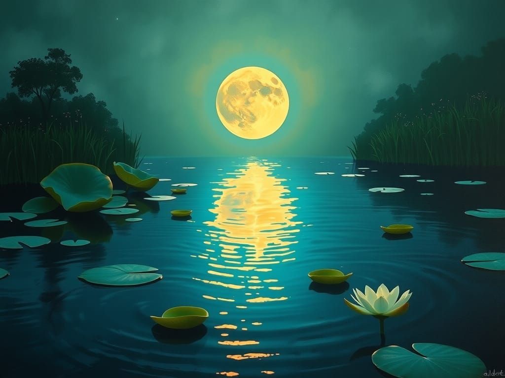 Ethereal Moonlit Serenity in Vibrant Blues and Greens