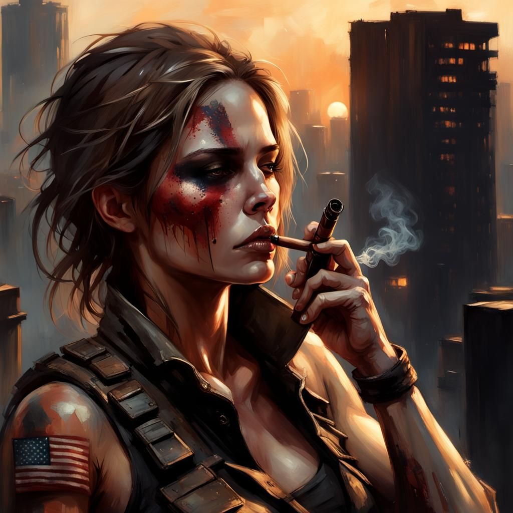 Mercenary Smokes Cigar in Post-Apocalyptic City