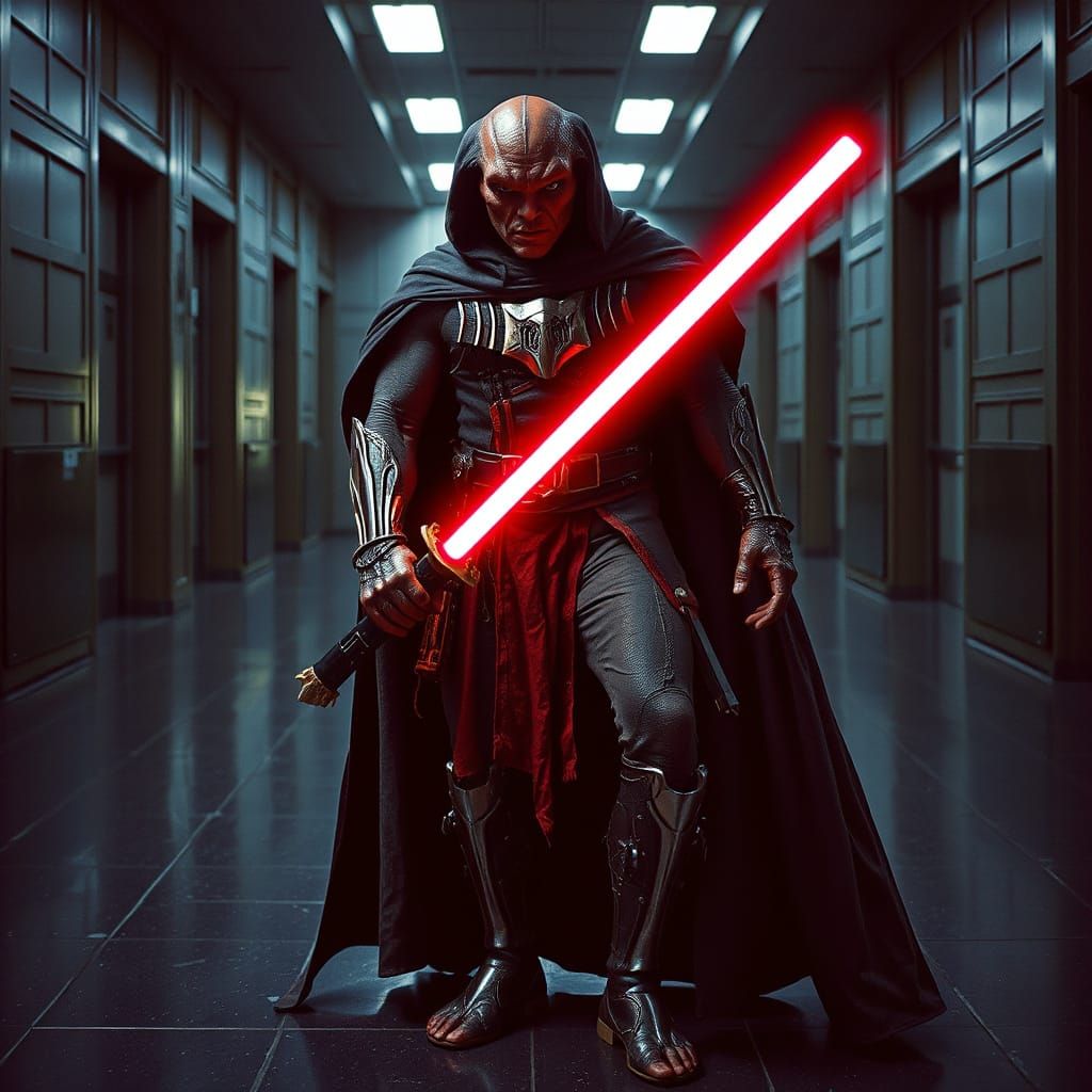 Crimson Sith Lord with Glowing Lightsaber