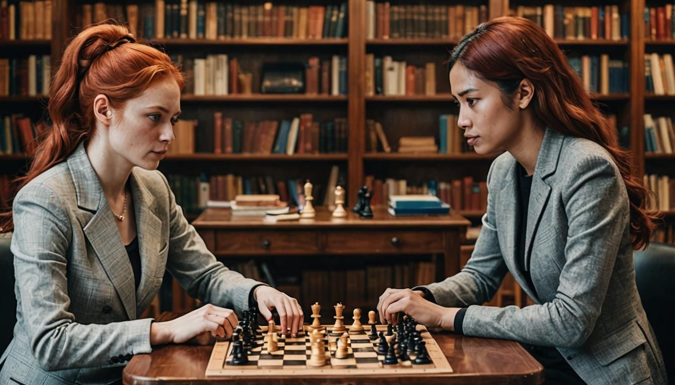 Chess Game: Redhead vs. Black-haired Woman