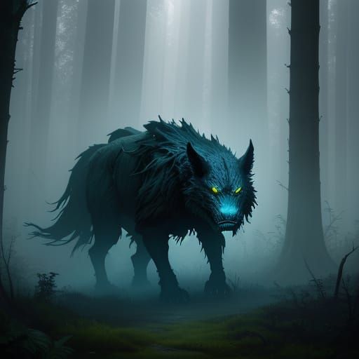 Mysterious Creature in Dark Forest Digital Matte Painting