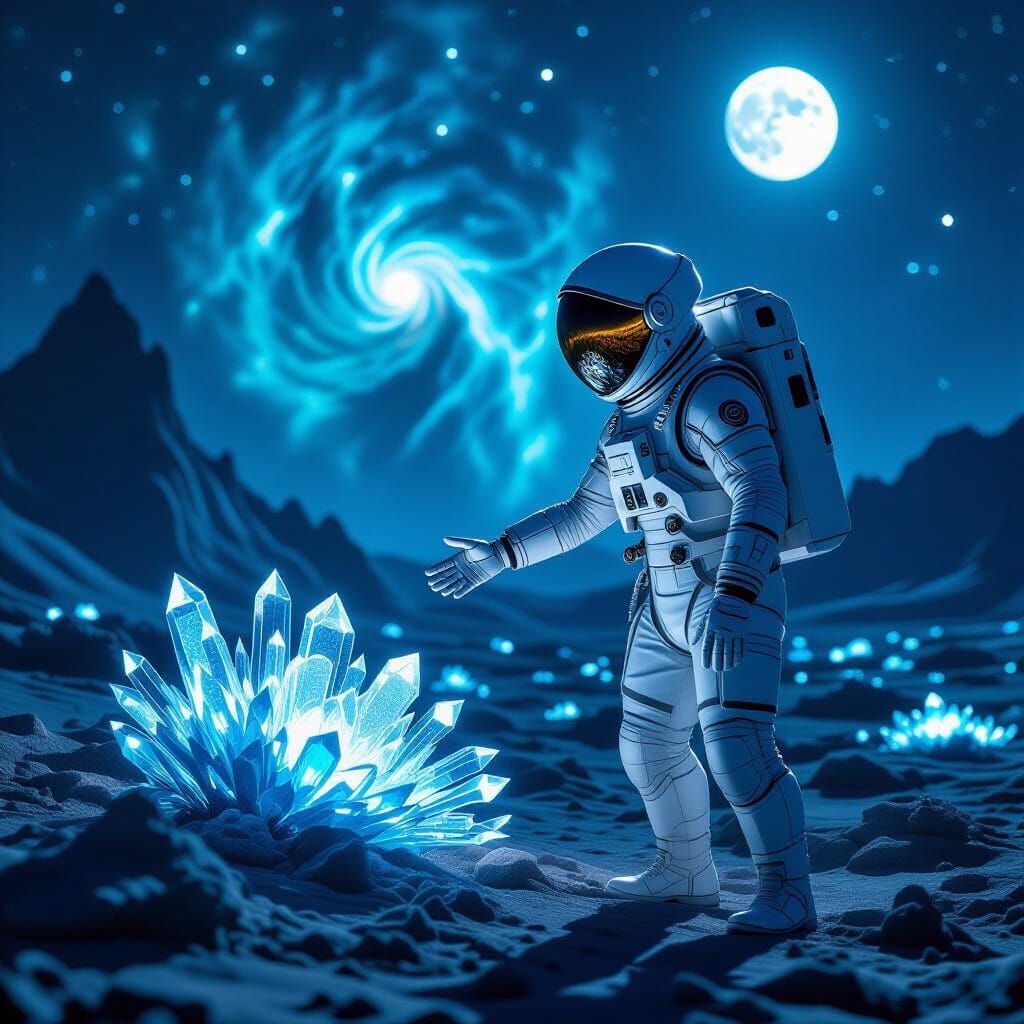 Astronaut Reaches for Alien Flora Under Twin Moons