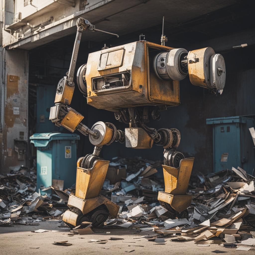 dilapidated robot working, rubbish collector