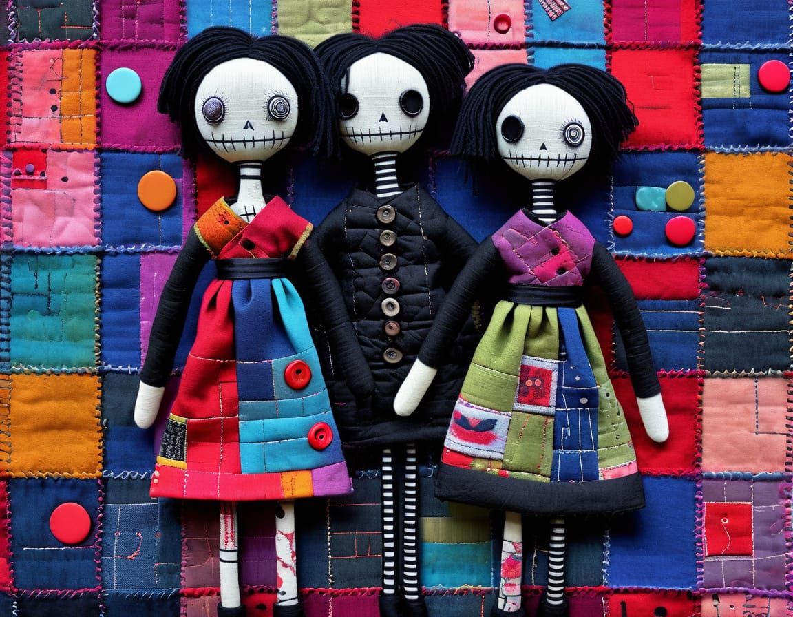 Surreal Patchwork Dolls in Constructivist Quilted Background