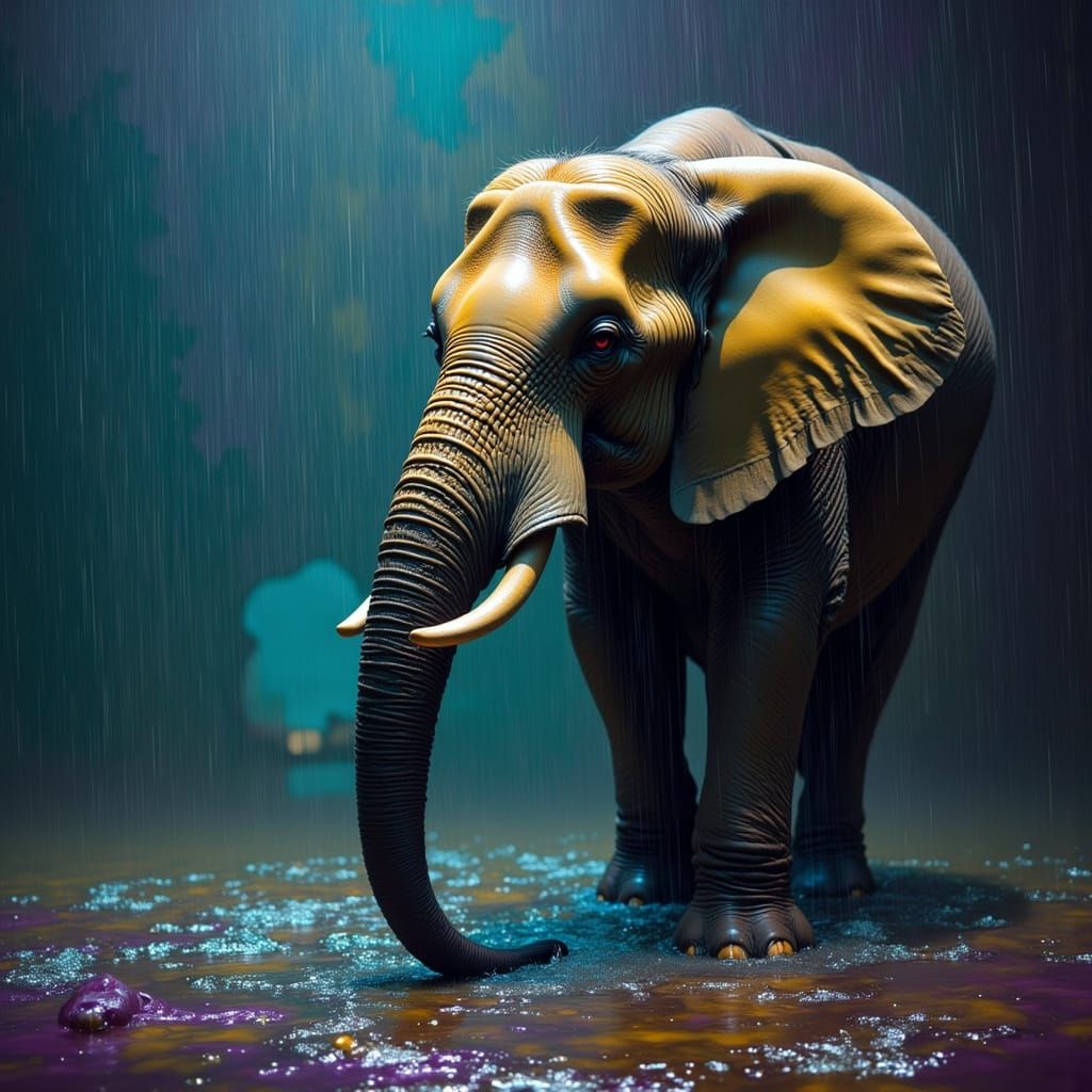Emotional Elephant Tries to Stop Rain in Vibrant Colors
