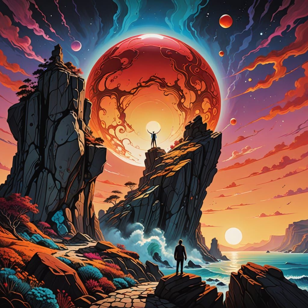 Psychedelic Stick Figures in Surreal Landscape