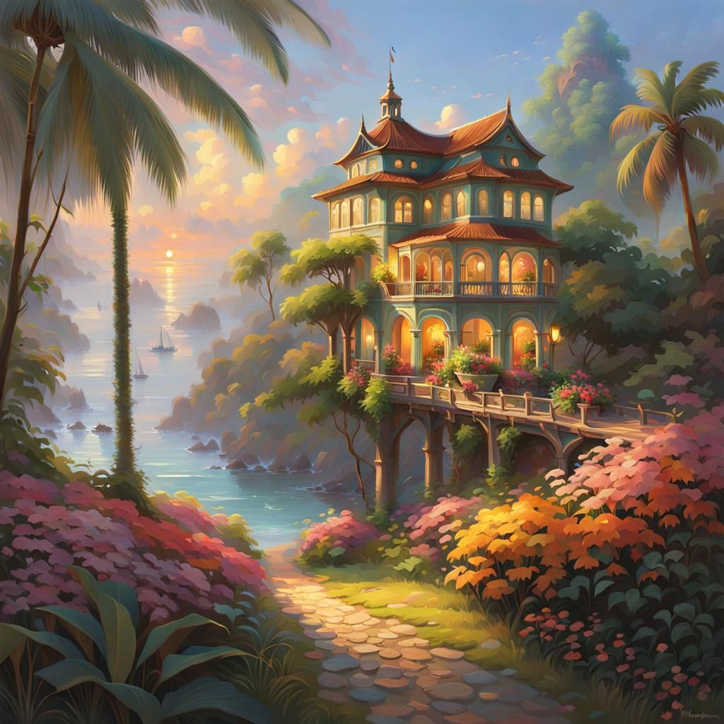 Tranquil Tropical Paradise in Pastel Colors