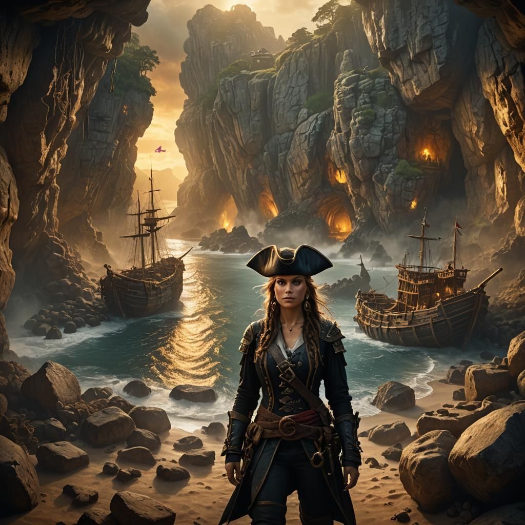 Female Pirate in Cave, Medieval Era Digital Painting