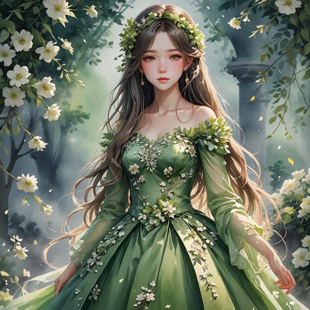Anime Style Bride in Green Wedding Dress