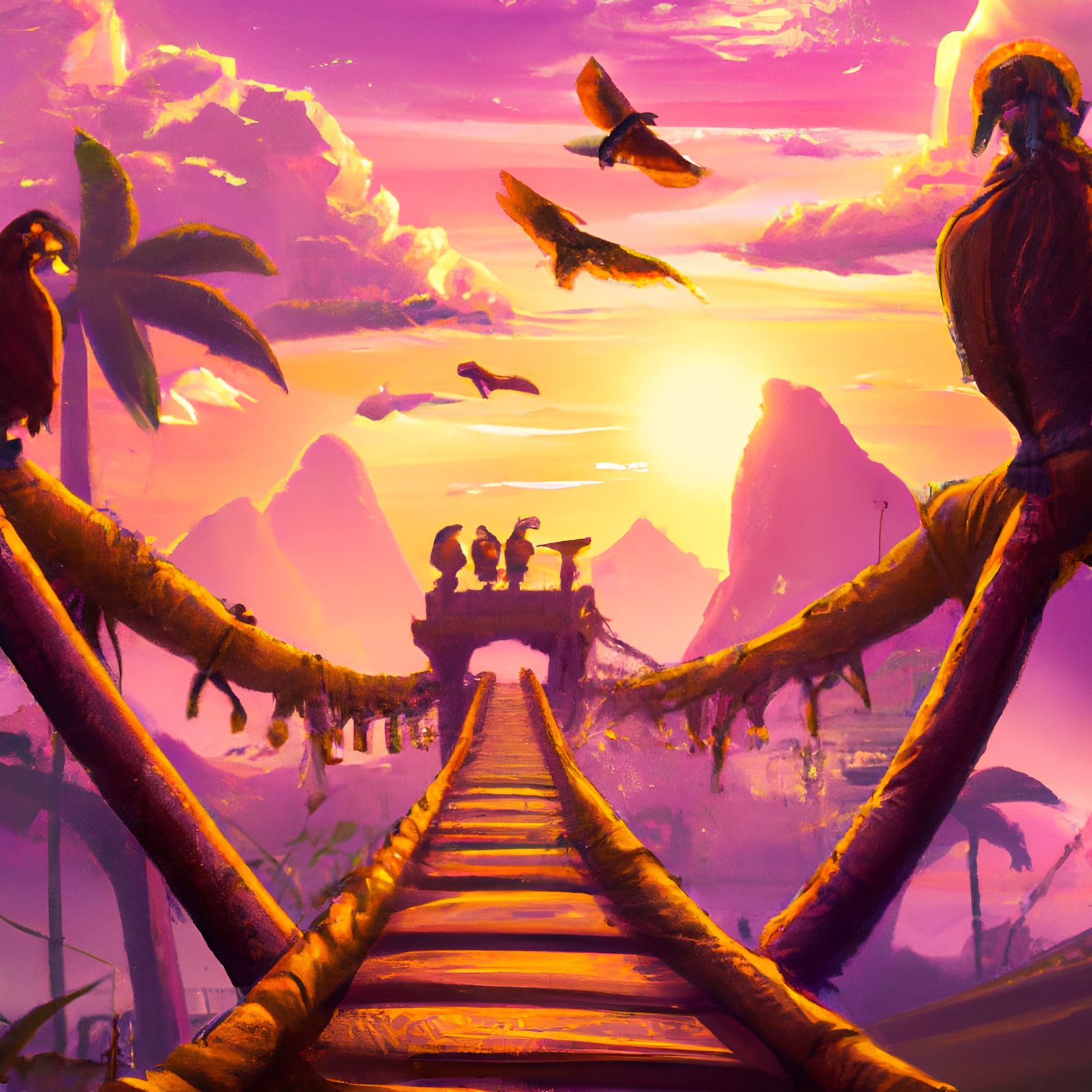 Hikers Cross Jungle Bridge with Purple Sky